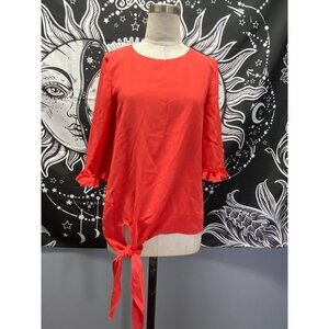 LE GALI Womens Red Ruffled Tie Front Kimono Sleeve Jewel Neck Top Size XS